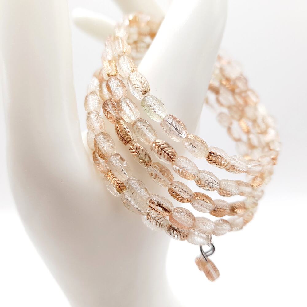 Vintage Art Glass Leaf Bead Memory Wire Bracelet – Clear Gold Leaf Design